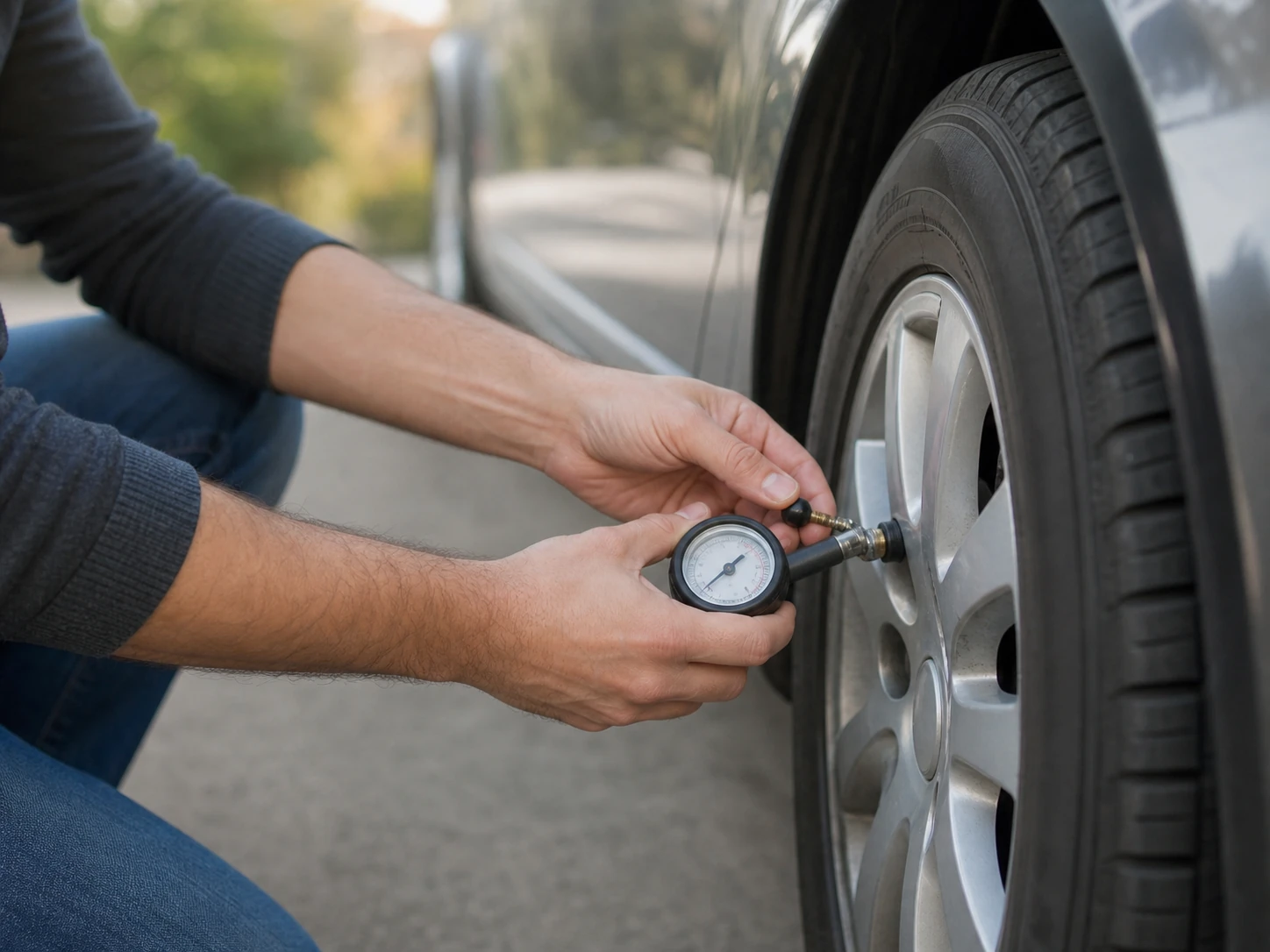 Driver checking tire pressure with a handheld dial gauge on a parked car.