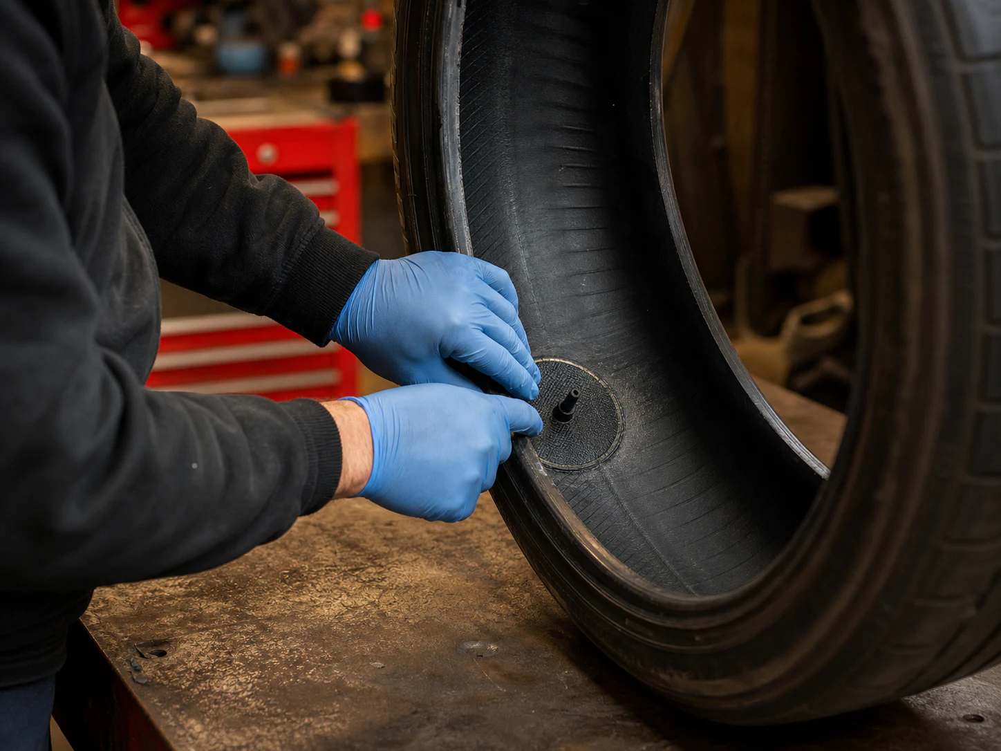 A tire technician wearing blue gloves applies a black patch-plug to the inner liner of a dismounted tire.