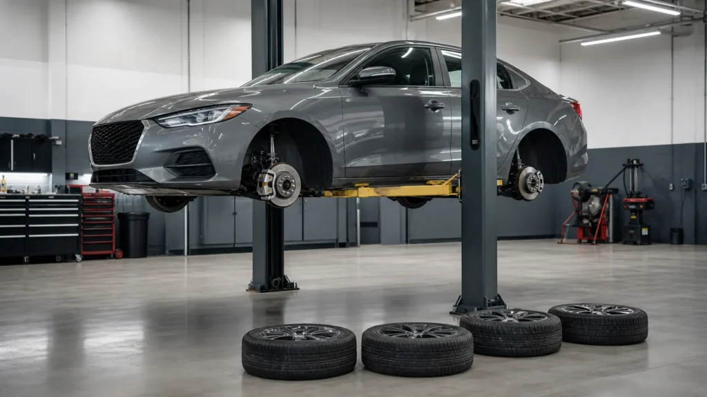 Sedan on a shop lift with all four wheels removed during tire rotation service
