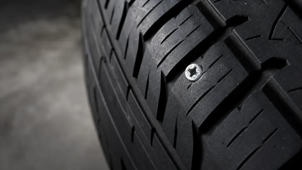 Close-up of a silver screw embedded in the tread of a black car tire.