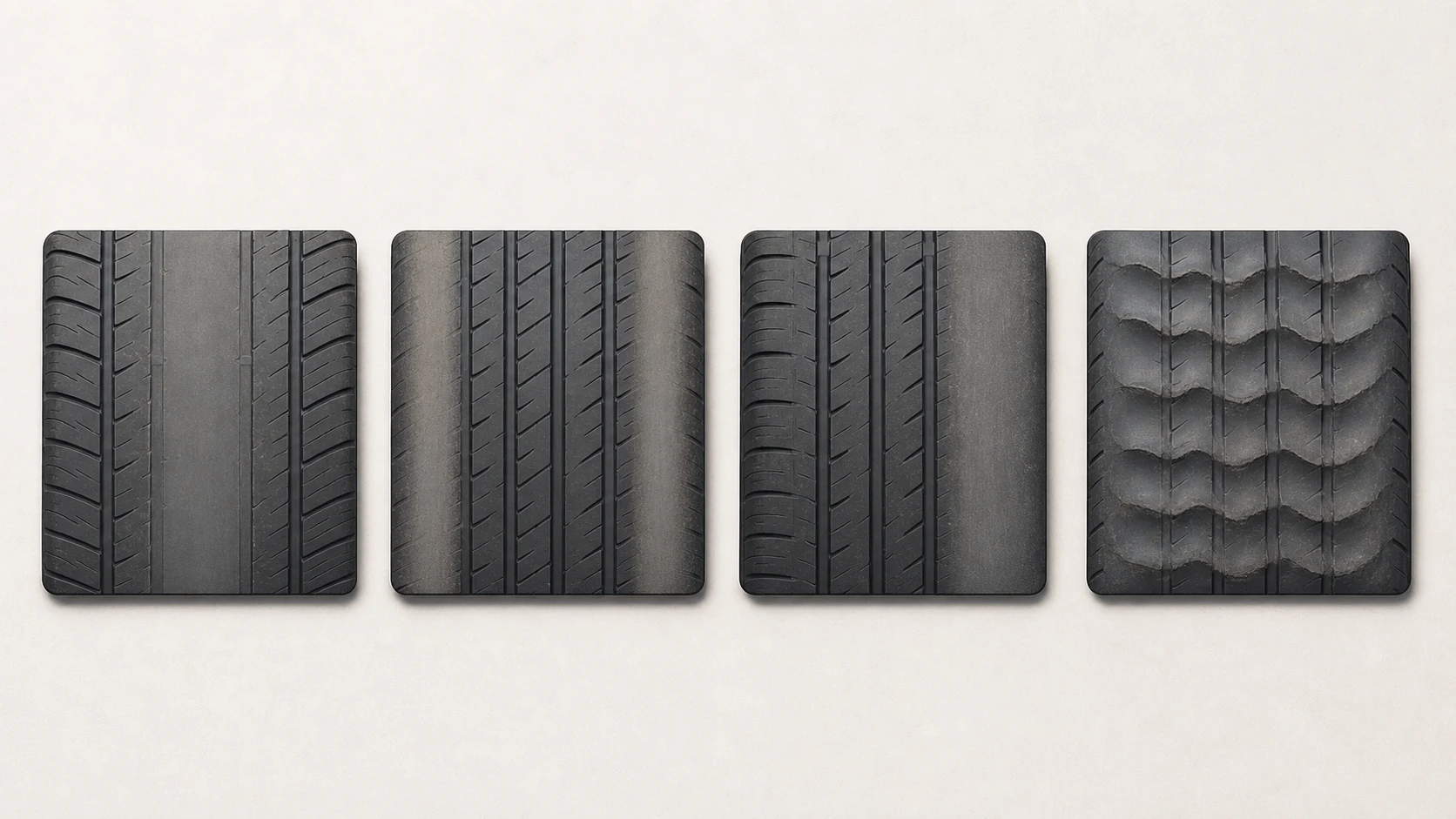 Four tire tread swatches showing center wear, outer-edge wear, one-edge wear, and cupping wear patterns.