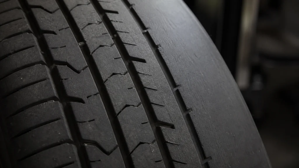 Macro close-up of a tire tread with one outer edge worn smooth while the remaining grooves are deeper.