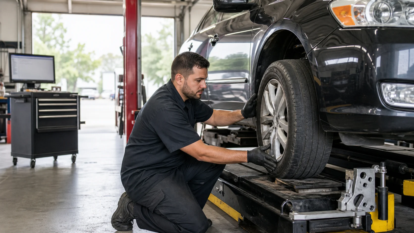 Mechanic checks wheel alignment and uneven tire wear on a car in a tire shop bay