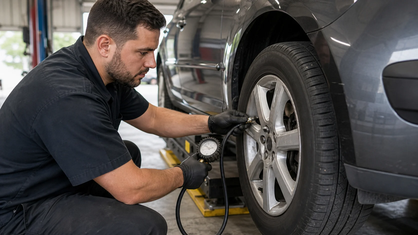 Mechanic checks tire pressure with a gauge in a tire shop service bay