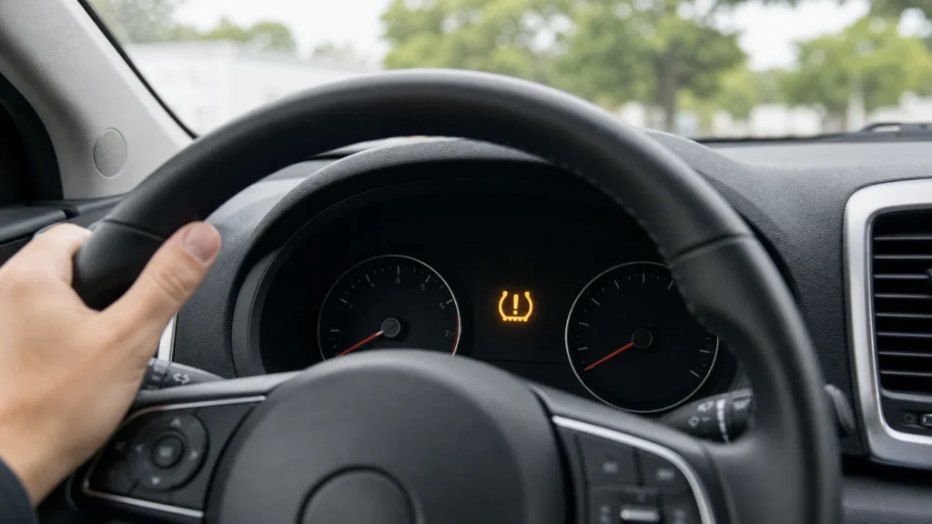 Amber tire pressure warning light glowing on a car dashboard