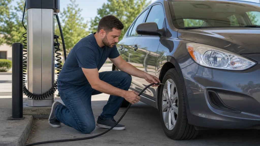 Driver fills a car tire with air at an outdoor air pump