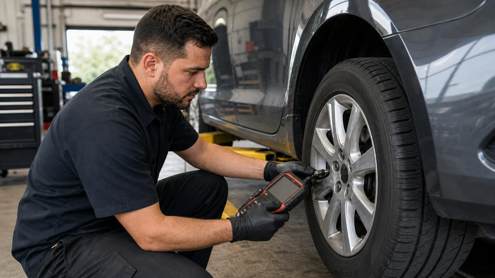 Mechanic uses a TPMS scan tool near a tire valve stem
